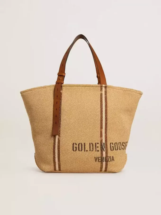 24,7-Tote-Bag aus natürlicher Raffia und braunem Leder mit goldfarbenen Metallik-Details