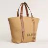 24,7-Tote-Bag aus natürlicher Raffia und braunem Leder mit goldfarbenen Metallik-Details