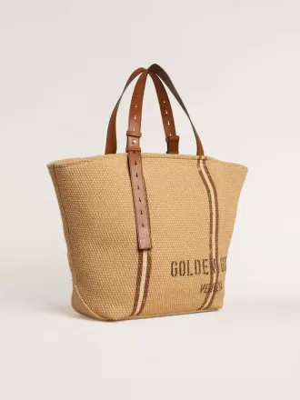 24,7-Tote-Bag aus natürlicher Raffia und braunem Leder mit goldfarbenen Metallik-Details