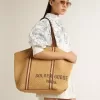 24,7-Tote-Bag aus natürlicher Raffia und braunem Leder mit goldfarbenen Metallik-Details