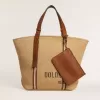 24,7-Tote-Bag aus natürlicher Raffia und braunem Leder mit goldfarbenen Metallik-Details