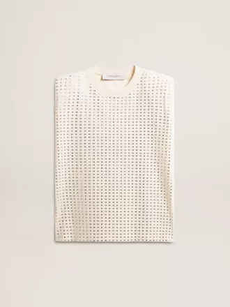 Altweißes, ärmelloses T-Shirt mit Kristallverzierung