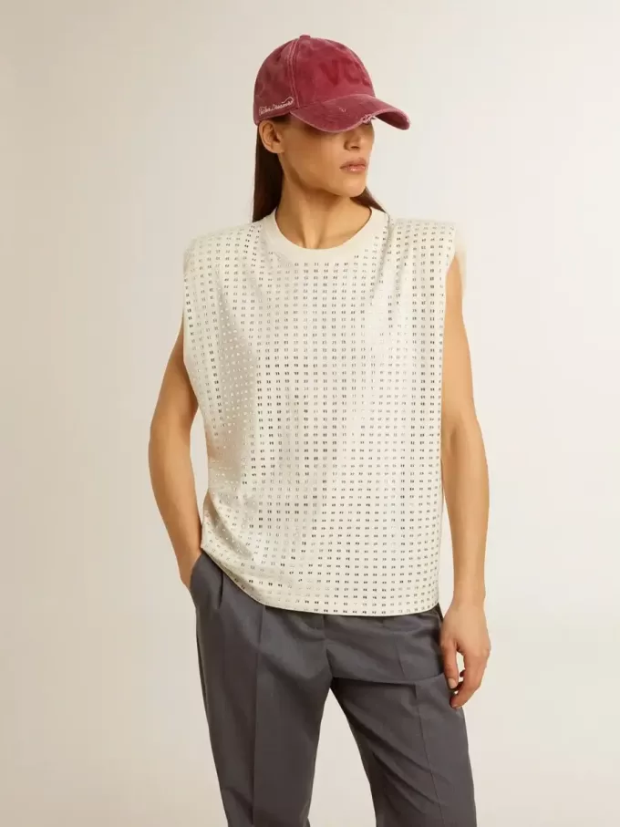 Altweißes, ärmelloses T-Shirt mit Kristallverzierung Altweißes, ärmelloses T-Shirt mit Kristallverzierung