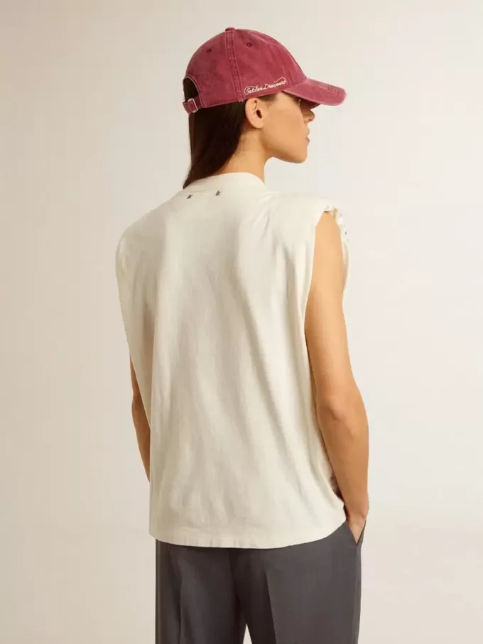 Altweißes, ärmelloses T-Shirt mit Kristallverzierung Altweißes, ärmelloses T-Shirt mit Kristallverzierung