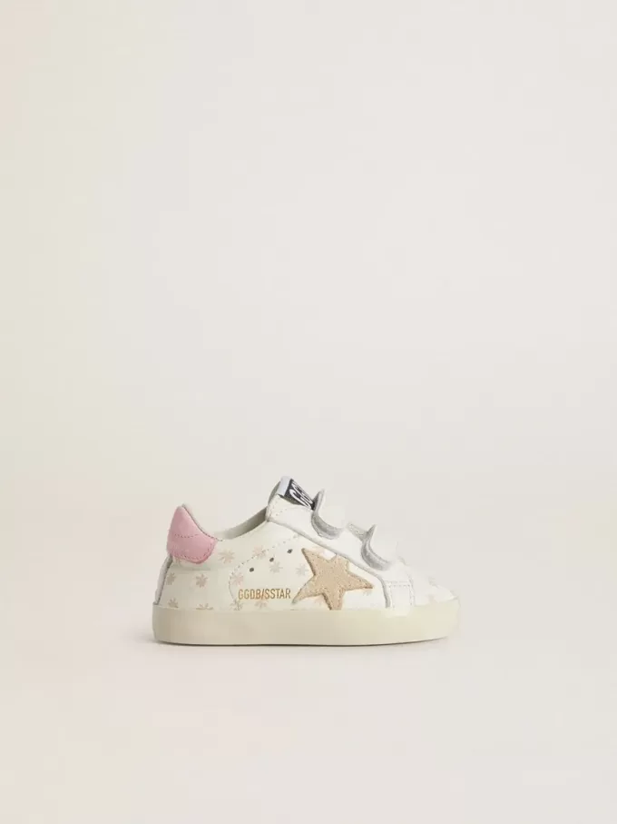 Baby School aus Nappaleder mit rosa Blumenmotiv und beigem Wildlederstern