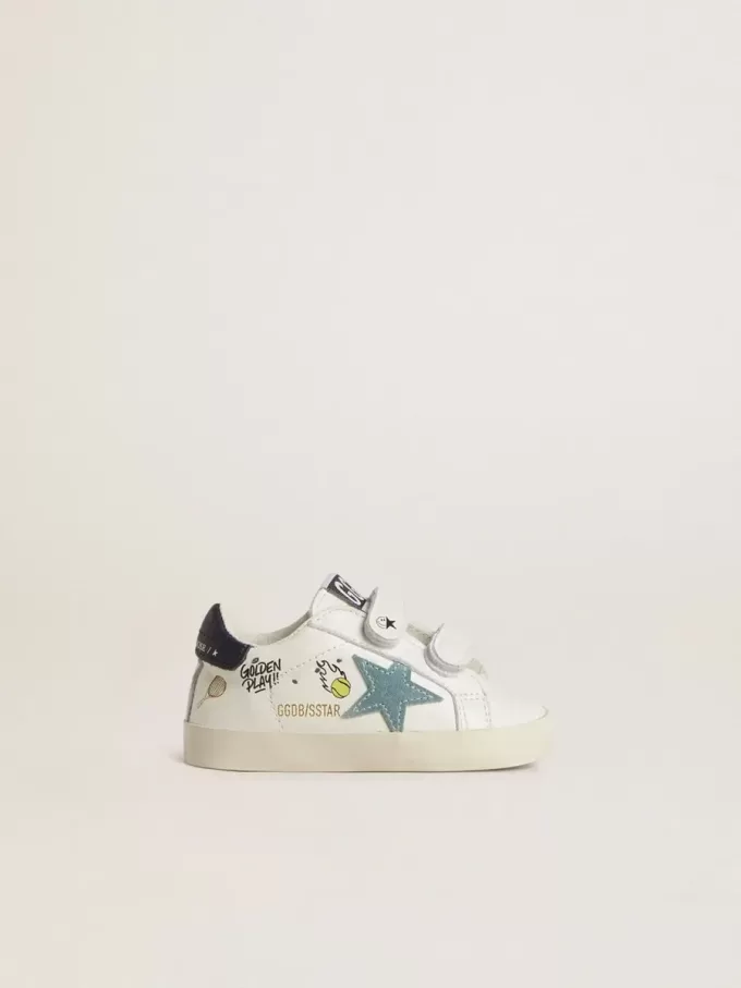 Baby School aus weißem Nappaleder mit hellblauem Wildlederstern und Tennismotiv Baby School aus weißem Nappaleder mit hellblauem Wildlederstern und Tennismotiv