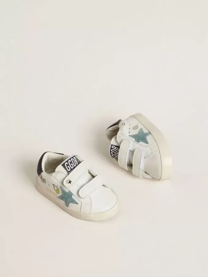 Baby School aus weißem Nappaleder mit hellblauem Wildlederstern und Tennismotiv Baby School aus weißem Nappaleder mit hellblauem Wildlederstern und Tennismotiv