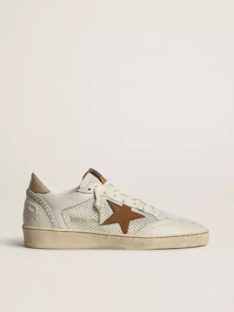 Ball Star für Damen aus weißem Nappa und Mesh mit tabakfarbenem Nubuk-Stern und beigem Fersenriemen