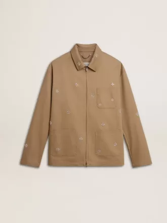 Beigefarbene Herrenjacke mit Blumenstickerei und durchgehendem Reißverschluss