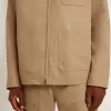 Beigefarbene Herrenjacke mit Blumenstickerei und durchgehendem Reißverschluss