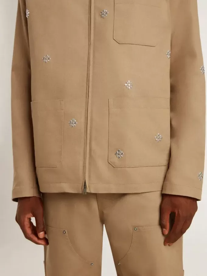 Beigefarbene Herrenjacke mit Blumenstickerei und durchgehendem Reißverschluss