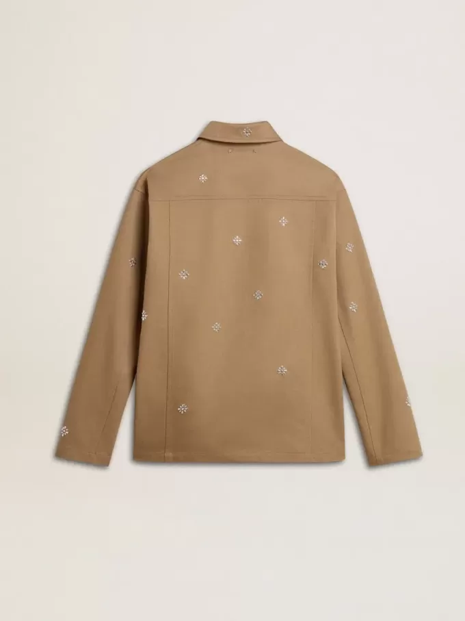 Beigefarbene Herrenjacke mit Blumenstickerei und durchgehendem Reißverschluss