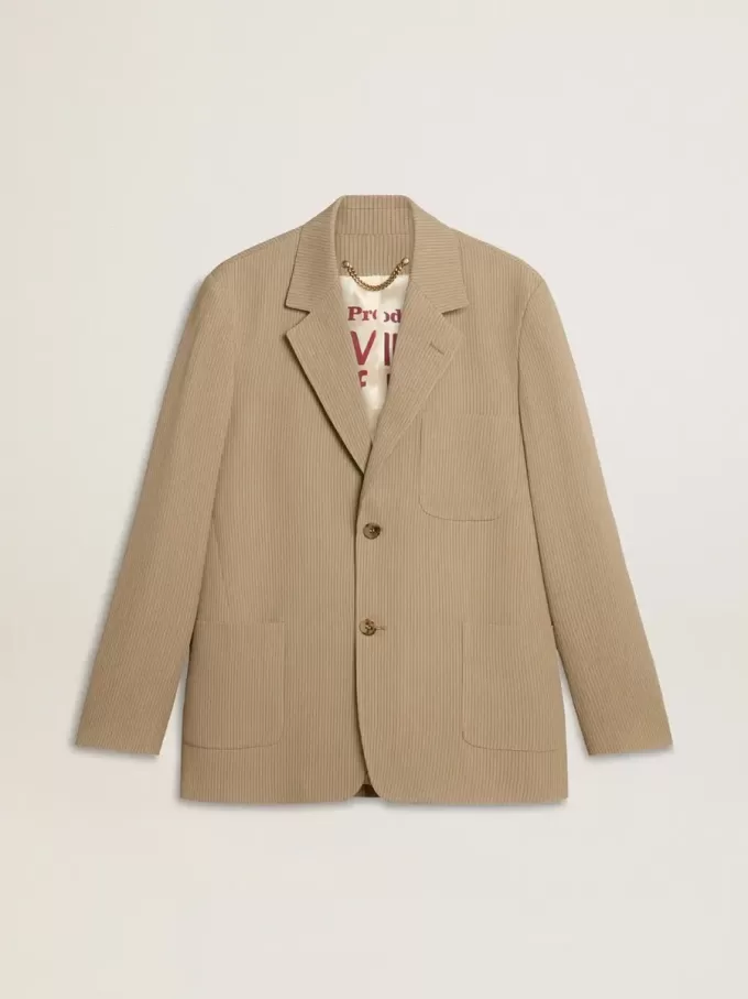 Beigefarbene Herrenjacke mit Nadelstreifen und einreihiger Knopfleiste in Oversize-Passform