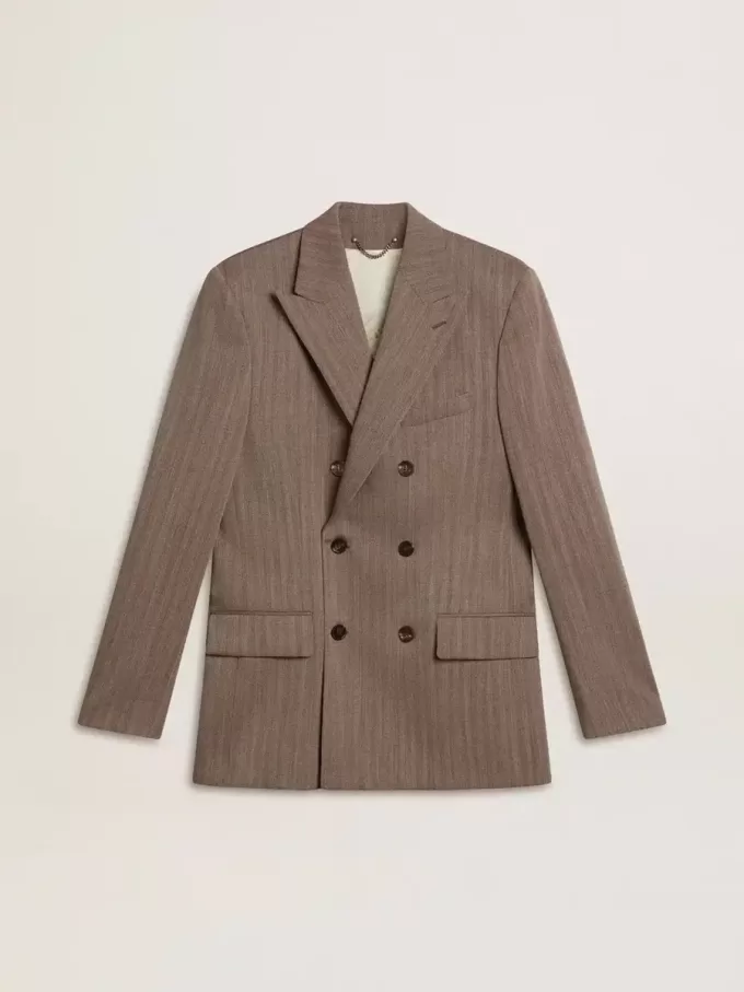 Beiger Herrenblazer aus Wollmischung mit Chevron-Muster und doppelter Knopfleiste