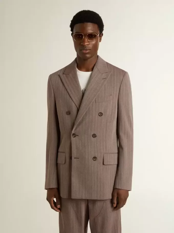 Beiger Herrenblazer aus Wollmischung mit Chevron-Muster und doppelter Knopfleiste