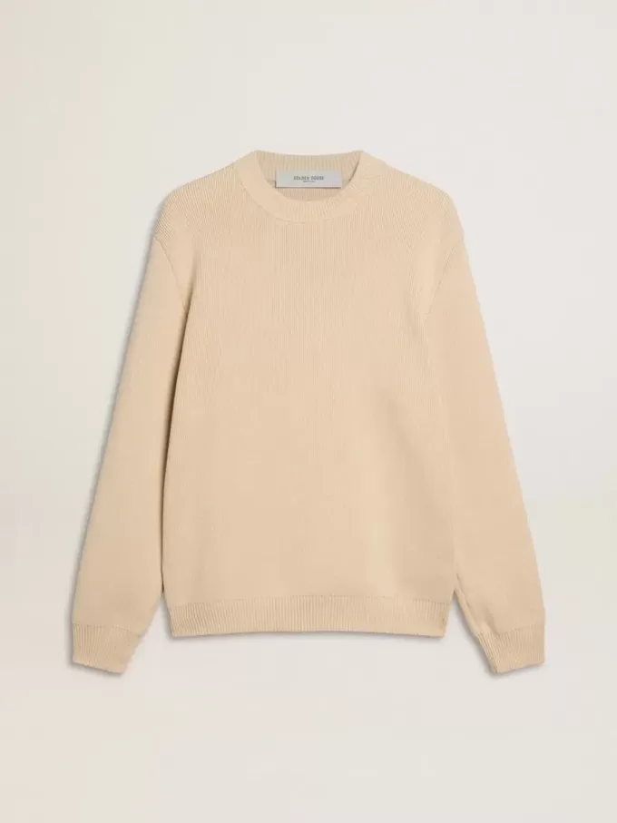 Beiger Herrenpullover mit Rundhalsausschnitt und „Golden”-Schriftzug auf der Rückseite Beiger Herrenpullover mit Rundhalsausschnitt und „Golden”-Schriftzug auf der Rückseite