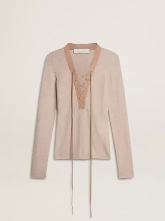 Beiger Wollpullover mit Lederdetails