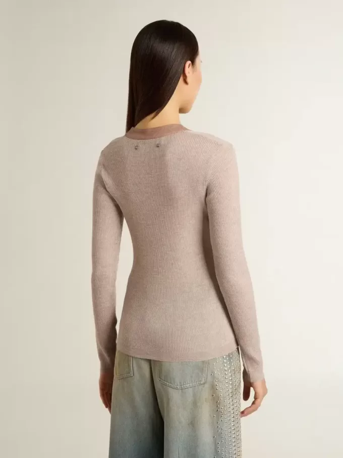 Beiger Wollpullover mit Lederdetails