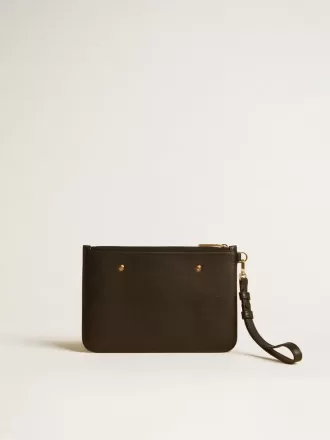 Beutel aus schwarzem Leder mit geprägtem Logo