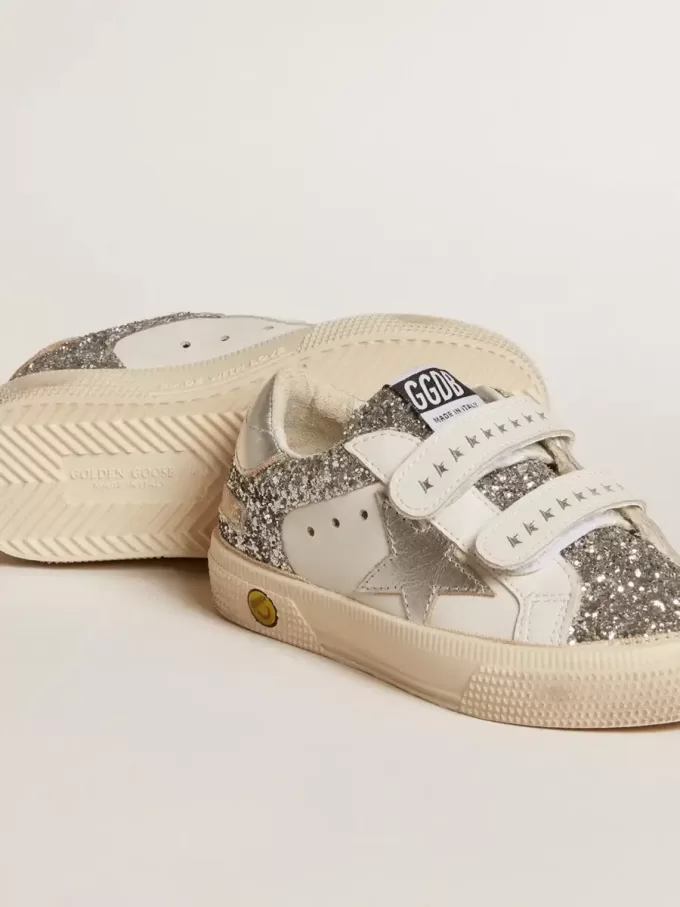 Biobasierter May Teen in Glitzeroptik mit silbernem Stern und Fersenlasche Biobasierter May Teen in Glitzeroptik mit silbernem Stern und Fersenlasche