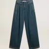 Blaue Damenhose aus Baumwolle mit Falten