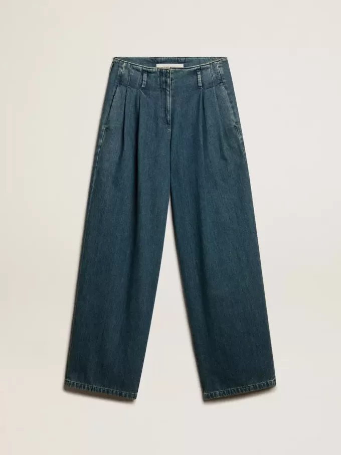 Blaue Damenhose aus Baumwolle mit Falten
