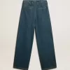 Blaue Damenhose aus Baumwolle mit Falten
