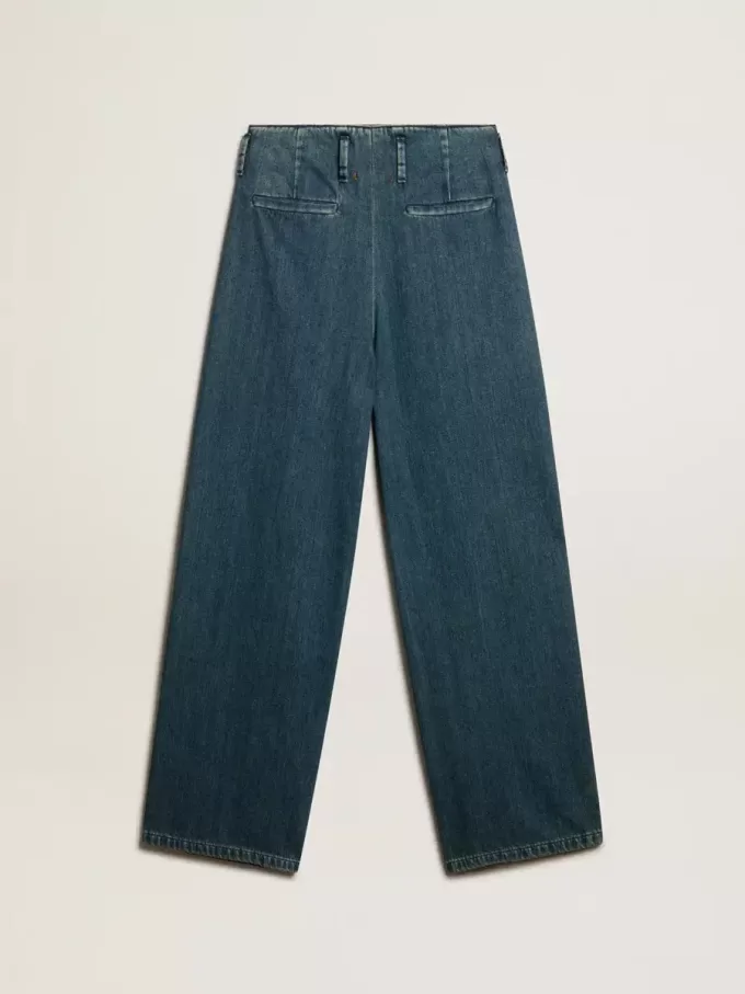Blaue Damenhose aus Baumwolle mit Falten