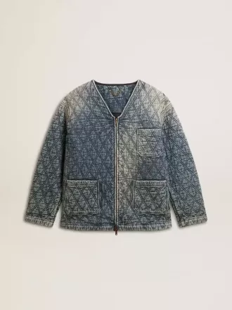Blaue Steppjacke für Damen aus Baumwolldenim mit Used-Look