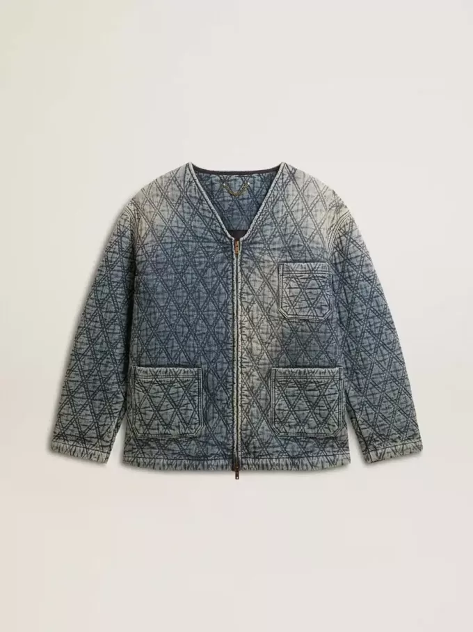 Blaue Steppjacke für Damen aus Baumwolldenim mit Used-Look Blaue Steppjacke für Damen aus Baumwolldenim mit Used-Look
