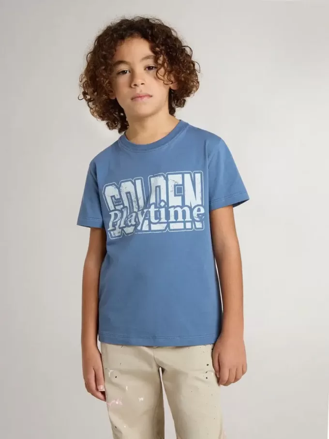 Blaues T-Shirt für Jungen mit weißem Aufdruck Blaues T-Shirt für Jungen mit weißem Aufdruck