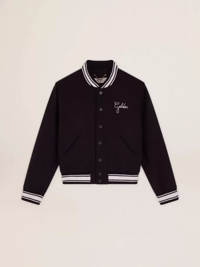 Bomberjacke für Damen aus dunkelblauer Wolle mit weißen Details Bomberjacke für Damen aus dunkelblauer Wolle mit weißen Details