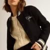 Bomberjacke für Damen aus dunkelblauer Wolle mit weißen Details Bomberjacke für Damen aus dunkelblauer Wolle mit weißen Details