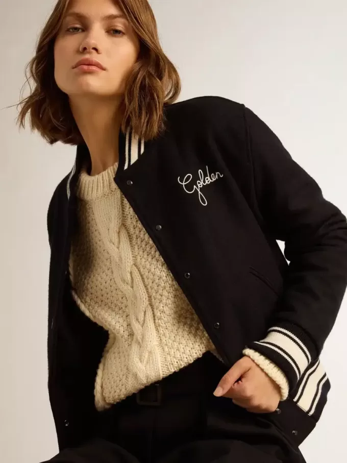 Bomberjacke für Damen aus dunkelblauer Wolle mit weißen Details Bomberjacke für Damen aus dunkelblauer Wolle mit weißen Details