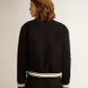 Bomberjacke für Damen aus dunkelblauer Wolle mit weißen Details Bomberjacke für Damen aus dunkelblauer Wolle mit weißen Details