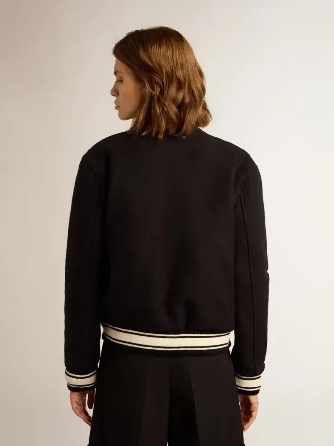 Bomberjacke für Damen aus dunkelblauer Wolle mit weißen Details Bomberjacke für Damen aus dunkelblauer Wolle mit weißen Details