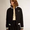Bomberjacke für Damen aus dunkelblauer Wolle mit weißen Details Bomberjacke für Damen aus dunkelblauer Wolle mit weißen Details