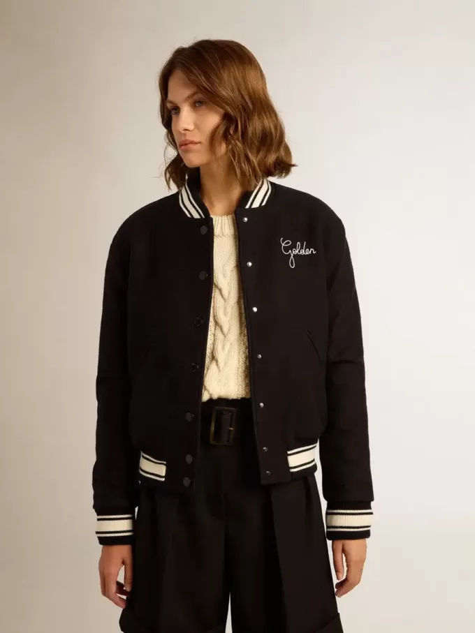 Bomberjacke für Damen aus dunkelblauer Wolle mit weißen Details Bomberjacke für Damen aus dunkelblauer Wolle mit weißen Details