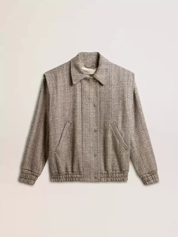 Bomberjacke für Damen aus ecru-brauner Wolle mit Fischgrätenmuster Bomberjacke für Damen aus ecru-brauner Wolle mit Fischgrätenmuster