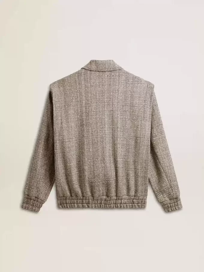 Bomberjacke für Damen aus ecru-brauner Wolle mit Fischgrätenmuster Bomberjacke für Damen aus ecru-brauner Wolle mit Fischgrätenmuster