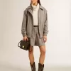 Bomberjacke für Damen aus ecru-brauner Wolle mit Fischgrätenmuster Bomberjacke für Damen aus ecru-brauner Wolle mit Fischgrätenmuster