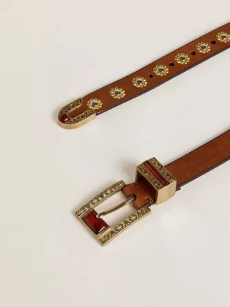 Brauner Ledergürtel mit goldenen Blumennieten und bernsteinfarbenen Einsätzen