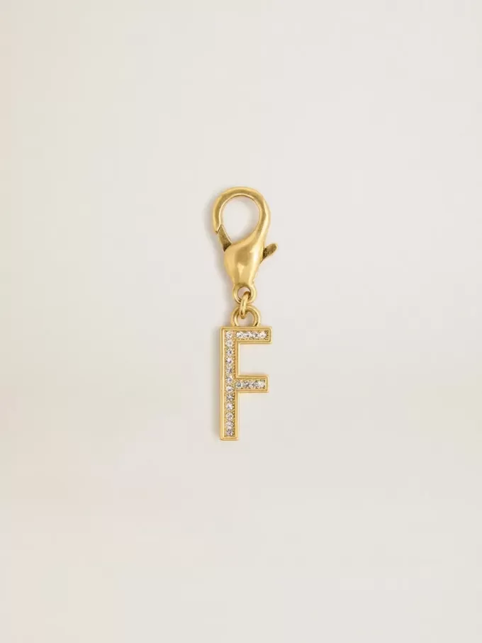 Buchstabe F-Anhänger aus goldfarbenem Messing mit Kristallen