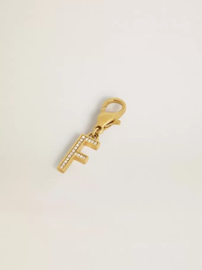 Buchstabe F-Anhänger aus goldfarbenem Messing mit Kristallen