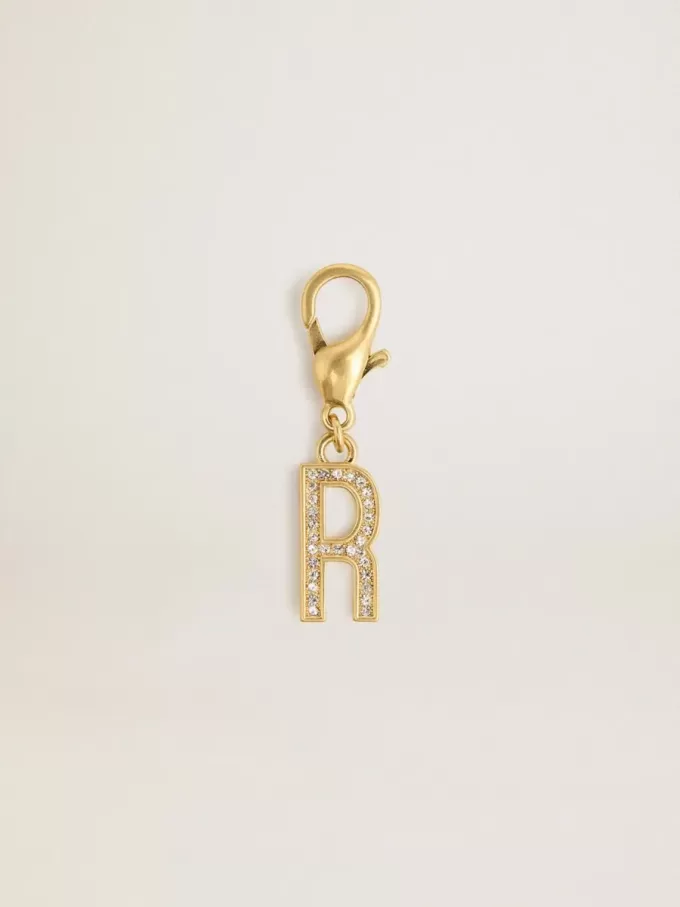 Buchstabe R-Anhänger aus goldfarbenem Messing mit Kristallen