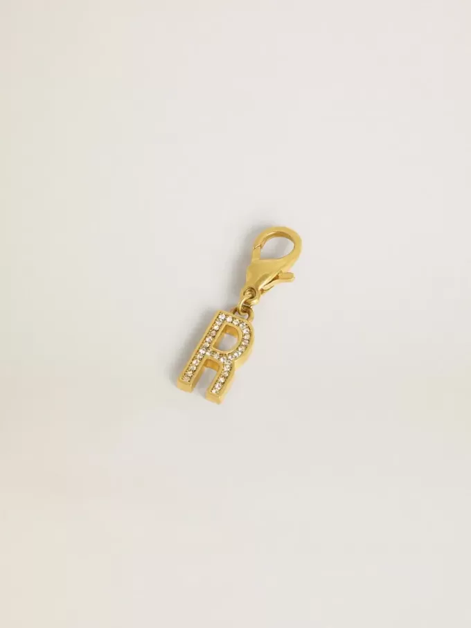 Buchstabe R-Anhänger aus goldfarbenem Messing mit Kristallen