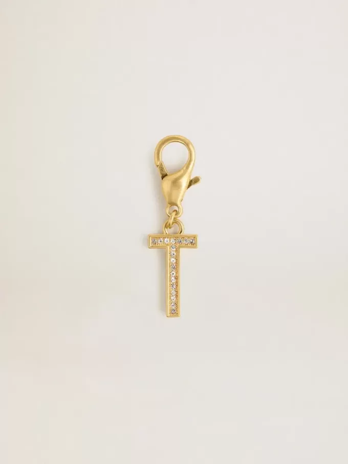 Buchstabe T-Anhänger aus goldfarbenem Messing mit Kristallen Buchstabe T-Anhänger aus goldfarbenem Messing mit Kristallen