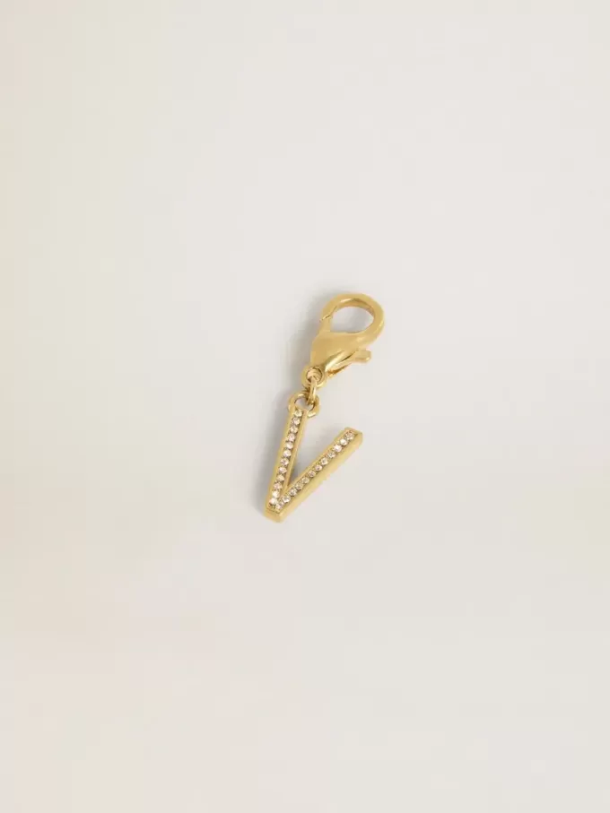 Buchstabe V-Anhänger aus goldfarbenem Messing mit Kristallen