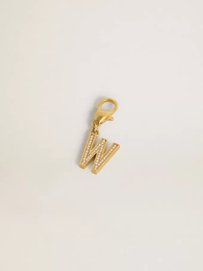 Buchstabe W-Anhänger aus goldfarbenem Messing mit Kristallen