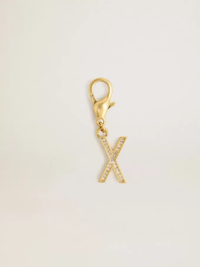 Buchstabe X-Anhänger aus goldfarbenem Messing mit Kristallen